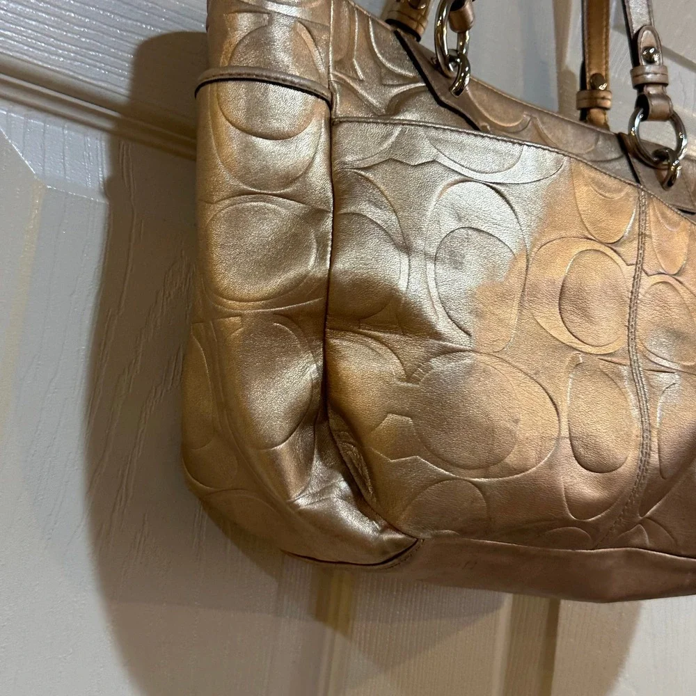 Coach Metallic Gold Leather Signature C‎ Embossed Tote Shoulder Bag Handbag